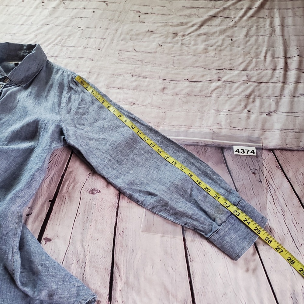 Flax Blue Linen Button Down Tunic Shirt Breathable Long Sleeves Chambray Medium - Picture 10 of 10